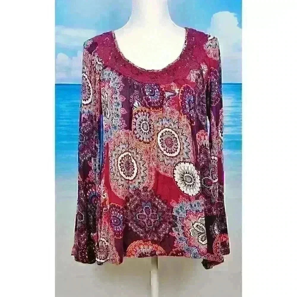 ENERGE' Womans CRANBERRY BURGUNDY Shirt LONG Sleeves Top Crotchet Neck size Med - Picture 2 of 6